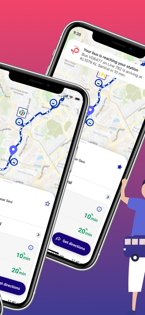 MyRapid PULSE app on two smartphones showing live bus tracking map with arrival times and bus notification