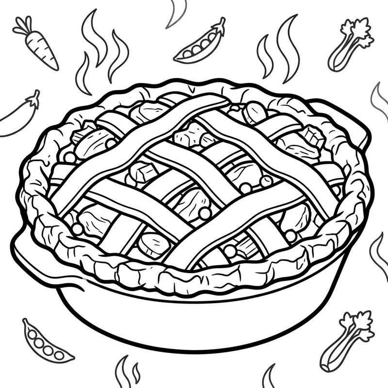 Introduce your little one to the joy of cooking and coloring with this delightful chicken pot pie page. Designed especially for toddlers, its bold lines and large areas are perfect for developing fine motor skills and sparking creativity.