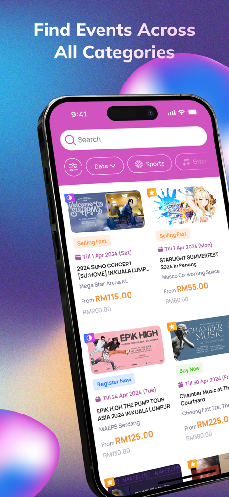 Ticket2U - Ticket2U app interface showing event search and various event category listings on a smartphone.