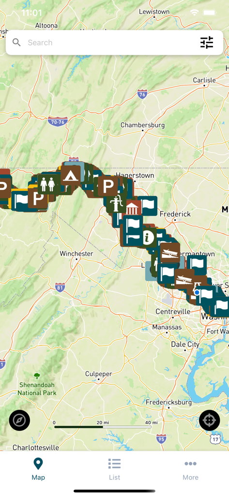 C&O Canal Explorer - A map view of the CO Canal Explorer app displaying points of interest like campsites parking and historical sites