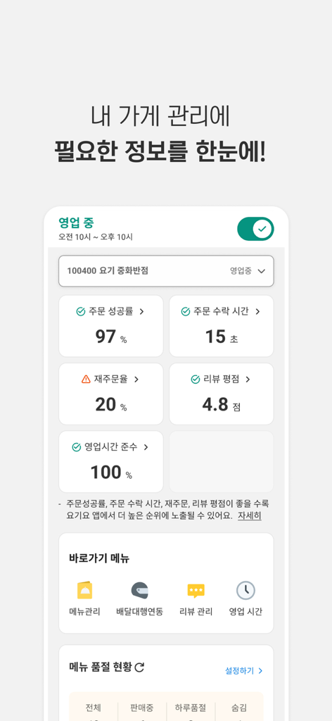 Yogiyo Boss app dashboard showing restaurant performance metrics like order success rate and review ratings