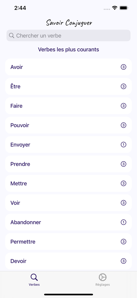 Savoir Conjuguer - Liste gebräuchlicher französischer Verben in der Benutzeroberfläche der Savoir Conjuguer App