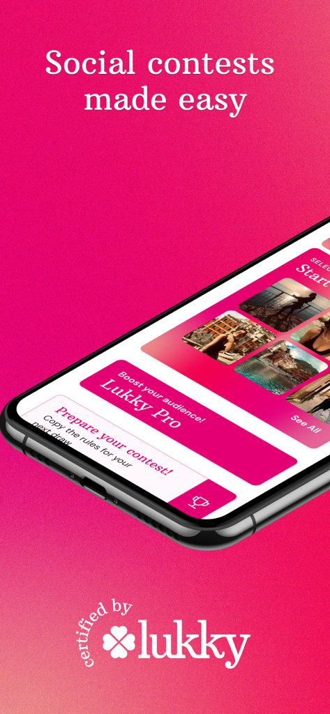 Lukky - Social Giveaways - Smartphone showing the Lukky app interface for creating social media giveaways and contests on a pink background.