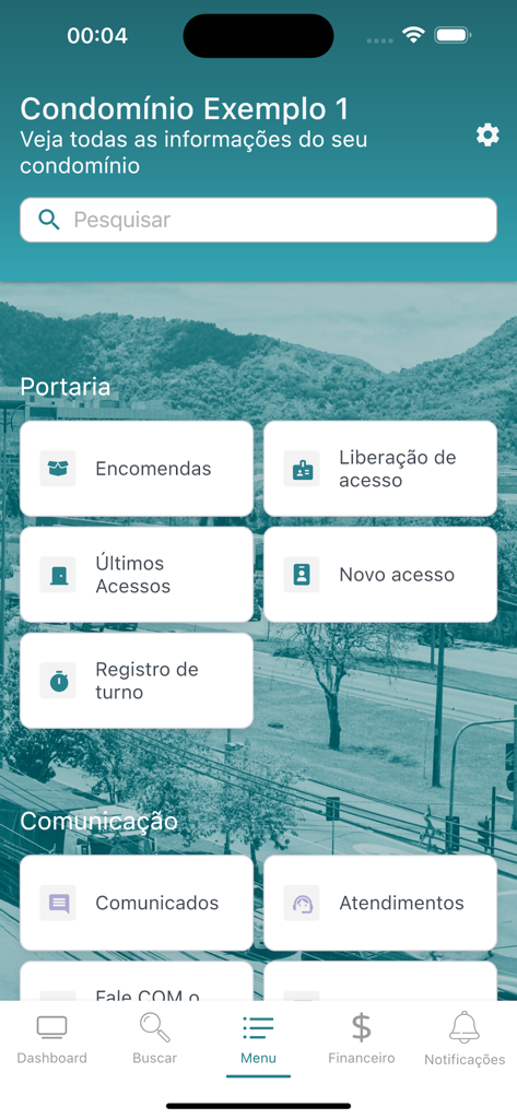 Claudio Morais Administração - Screenshot of the Claudio Morais app main menu featuring concierge and communication options for condo residents