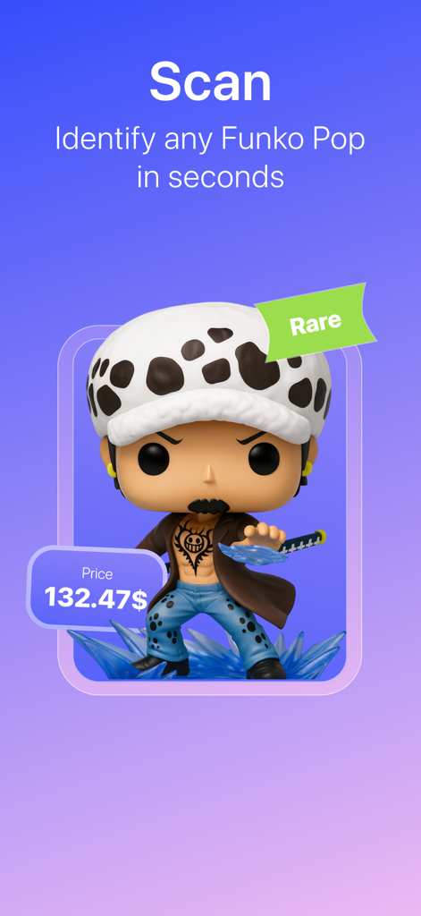 Interfaz de la aplicación que muestra la función de escaneo identificando una figura Funko Pop rara con su precio de mercado actual