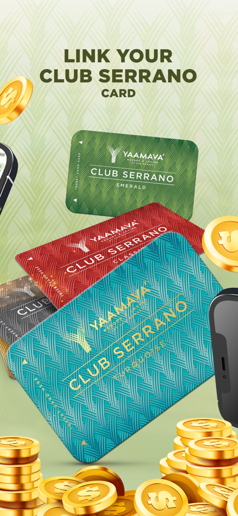 Promo image showing Club Serrano loyalty cards and gold coins with text Link your Club Serrano Card