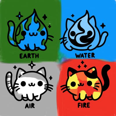 4 cats that represent the different elements, earth, water, air, and fire