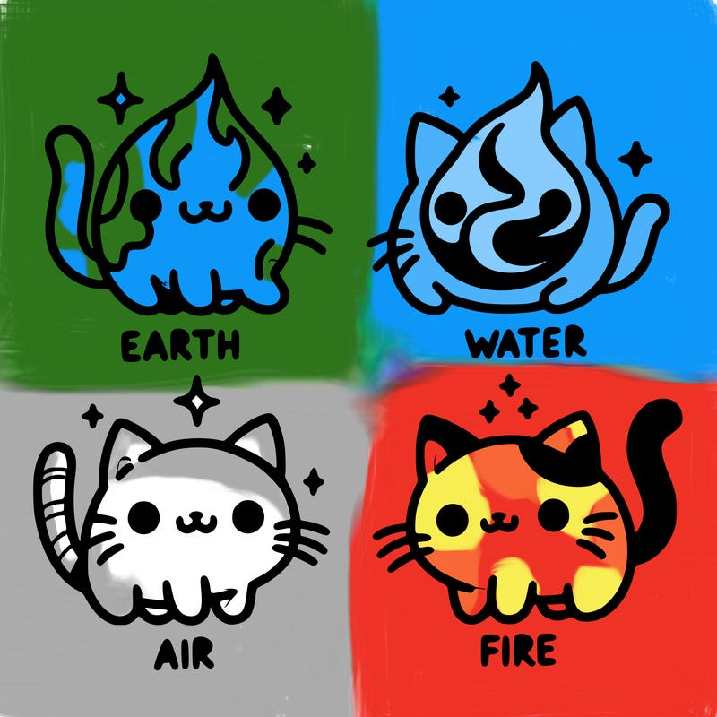 4 cats that represent the different elements, earth, water, air, and fire