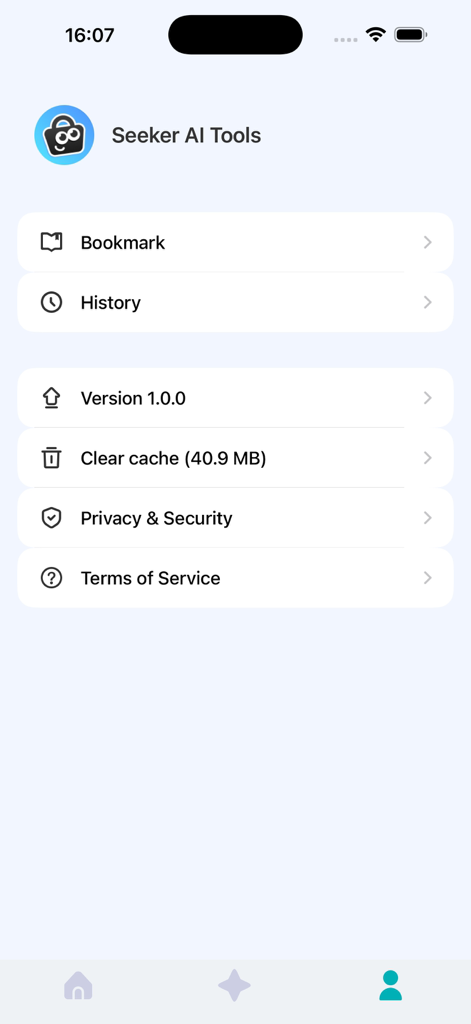 Seekee AI Tools Studio - Interfaz de perfil de usuario y configuración de la aplicación Seeker AI Tools mostrando opciones de menú como Marcador e Historial