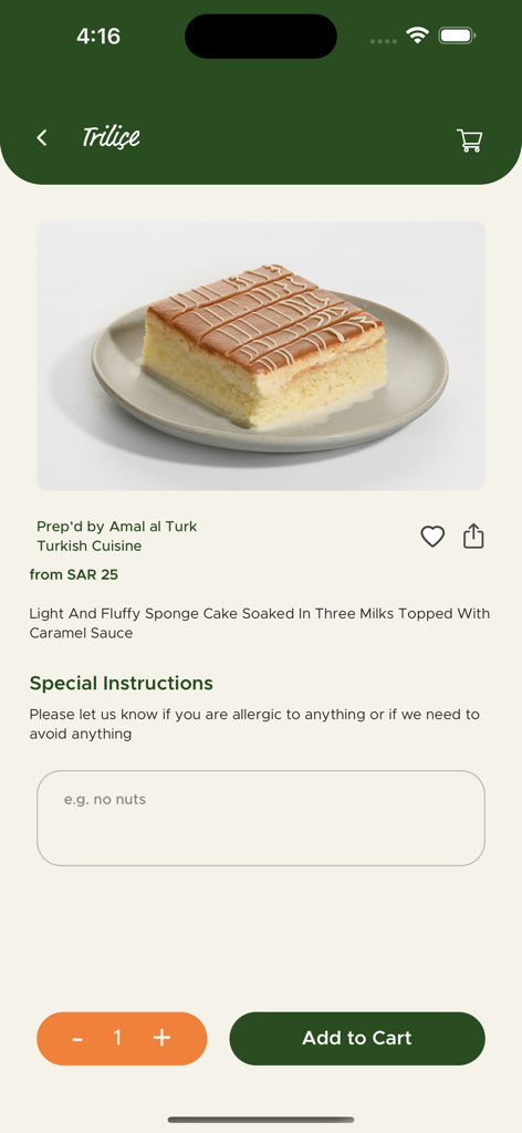 Prep'd - Prep'd app product page showing a Trilice Turkish cake with caramel sauce curated by Amal al Turk