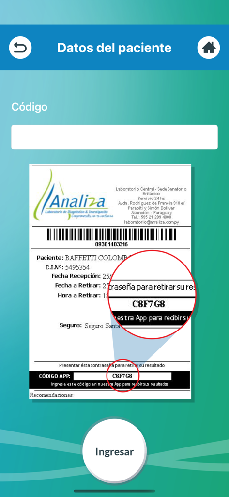 Mobile screen showing how to enter a patient code from a lab receipt into the Analiza app for accessing medical results