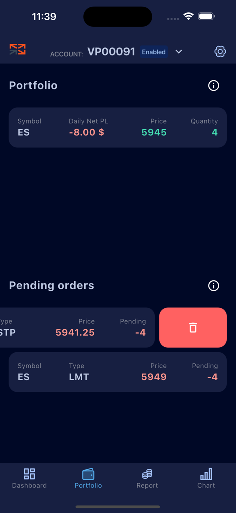 Volumetrica Prop - Dashboard of Volumetrica Prop app displaying portfolio balance and pending trade orders