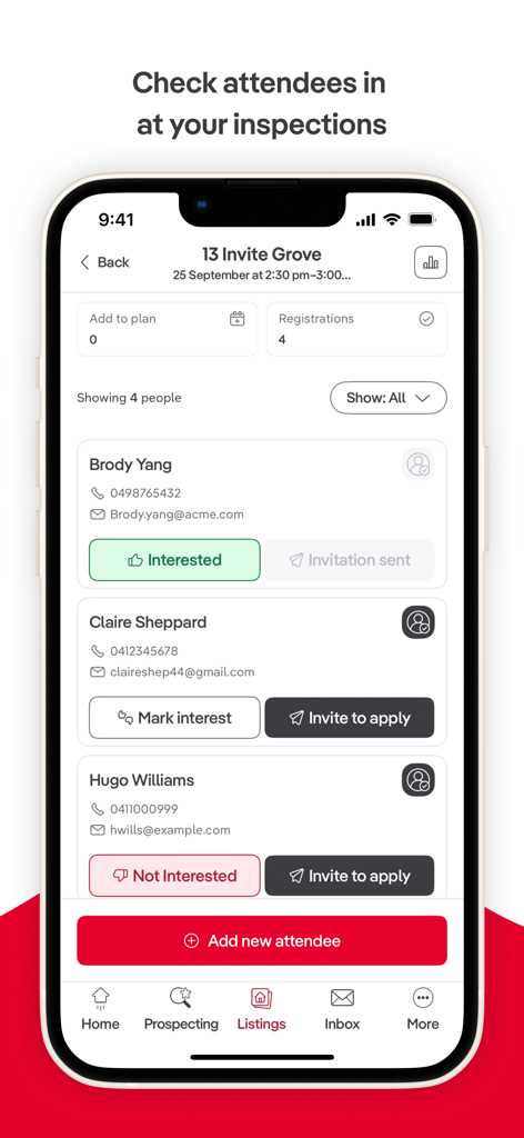 Ignite by realestate.com.au - Mobile interface of the Ignite app showing a real estate agent checking in attendees and managing leads at a property inspection