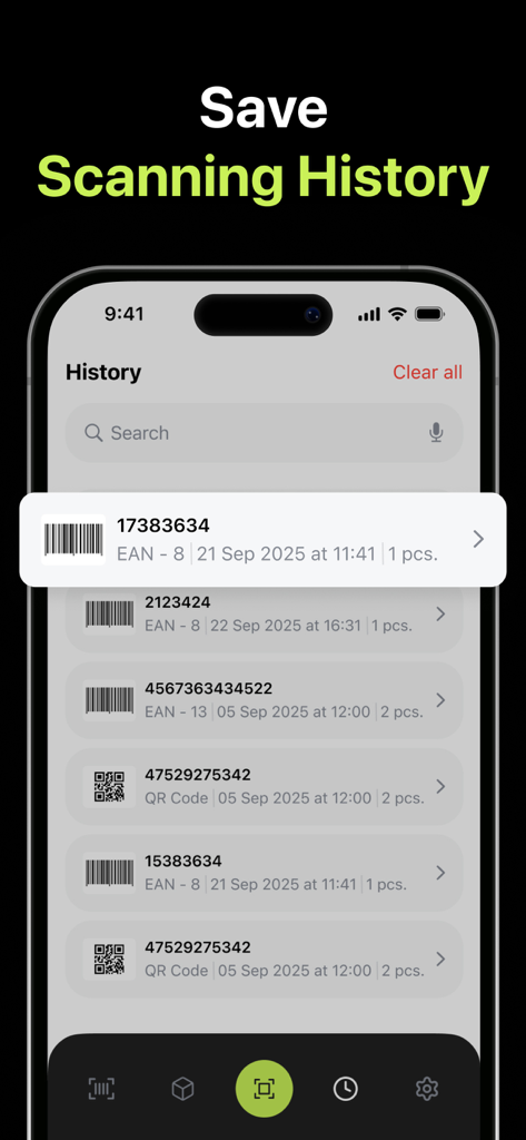 Barcode & QR Code: Scanner App - Interfaz de la aplicación Barcode and QR Code Scanner que muestra la lista del historial de escaneo guardado
