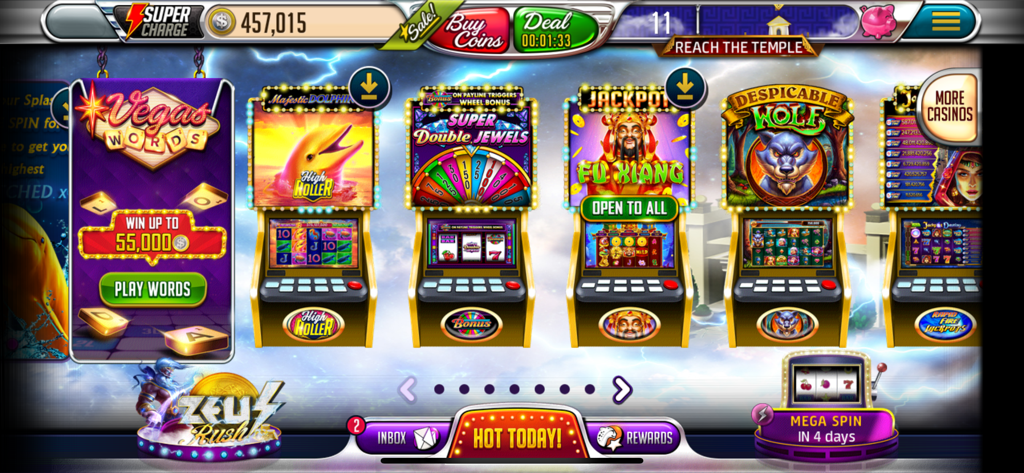 Vegas Downtown Slots & Words - The main game lobby of Vegas Downtown Slots and Words showing various virtual slot machine themes and word game options.