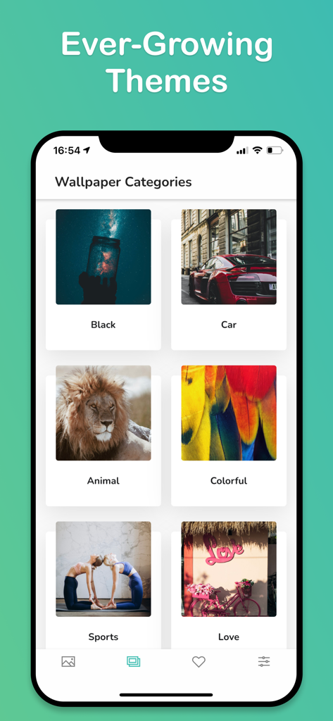 スポーツや動物などのさまざまな壁紙カテゴリを表示するiPhoneアプリ画面
