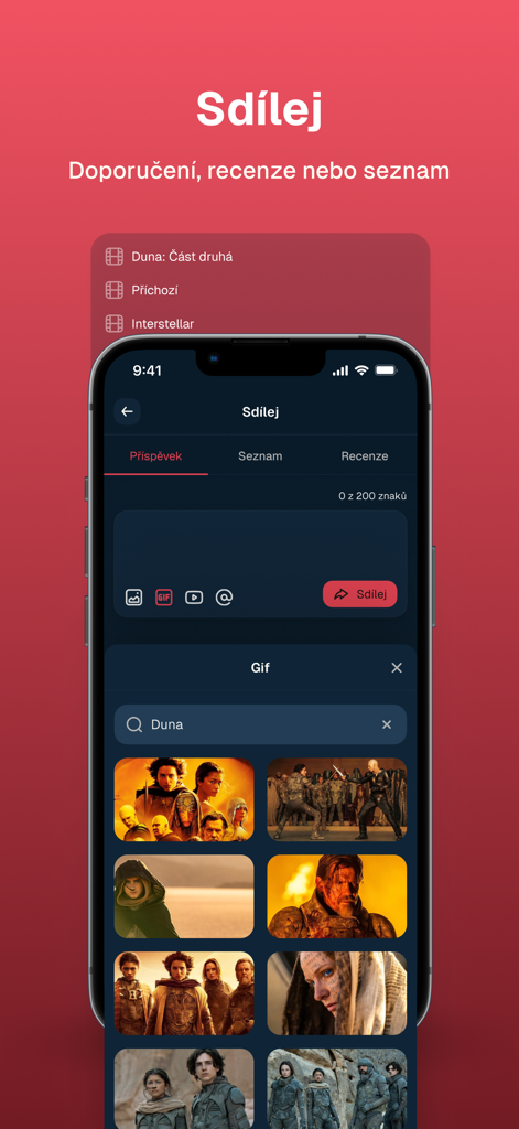 Filmtoro mobile app screen for sharing movie reviews and lists with integrated movie GIFs