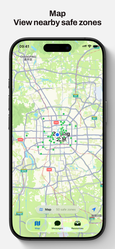 The Doomsday - Map view of The Doomsday app showing nearby safe zones.