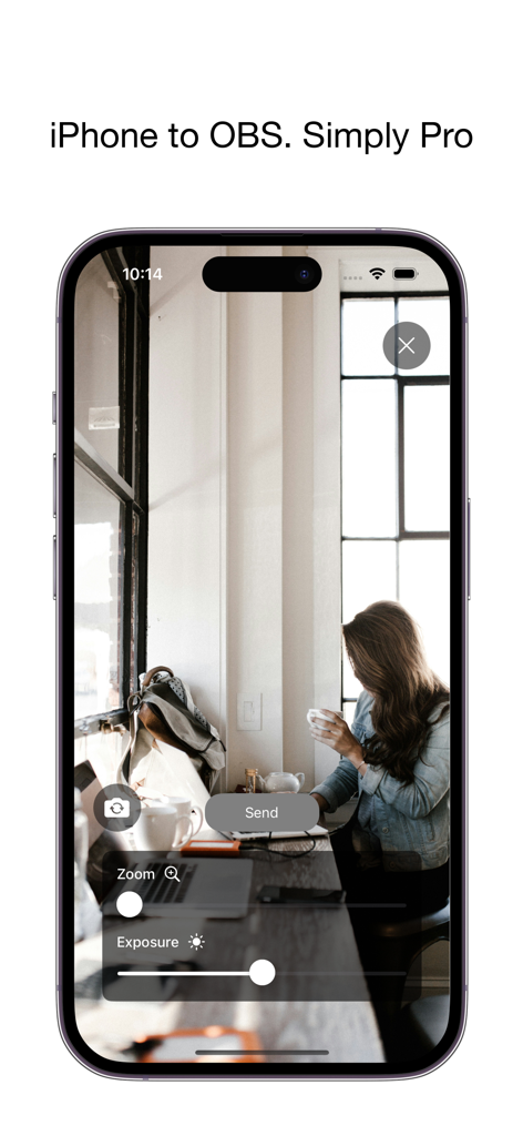 Pro Camera for OBS Studio - Pro Camera for OBS Studio App-Oberfläche auf dem iPhone mit manueller Zoom- und Belichtungssteuerung für Live-Streaming