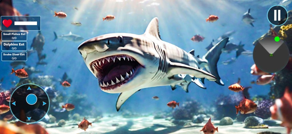 Angry Shark Hunt: Shark Games - Gameplay screenshot of Angry Shark Hunt featuring a realistic great white shark with open jaws in an underwater ocean setting.
