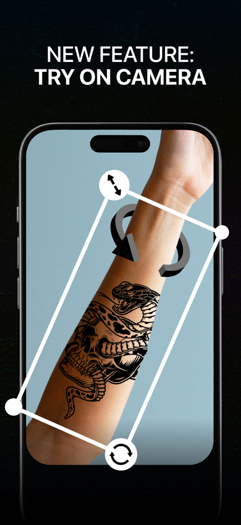 AI Tattoo Maker & Generator - AI Tattoo Maker app showing AR try on camera feature with a snake and skull tattoo on a forearm