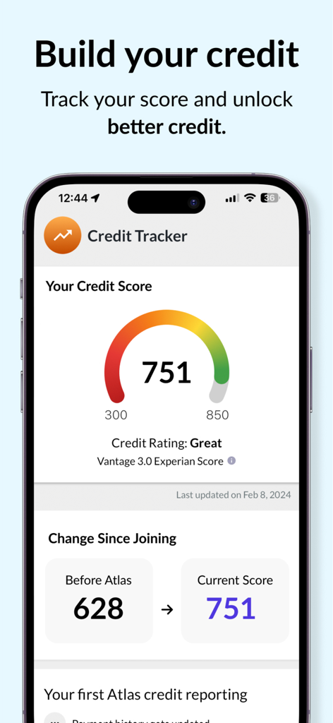 Mobile phone displaying the Atlas credit tracker showing a credit score improvement from 628 to 751.