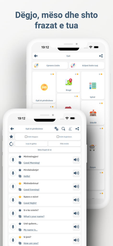 Meso Anglisht - 言語学習者向けのアルバニア語に翻訳された日常英語フレーズが表示されているメソ・アングリシュアプリのインターフェース