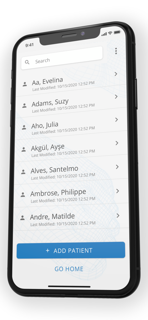 Interface of the Foot ID app showing a searchable patient list and an add patient button for medical professionals.