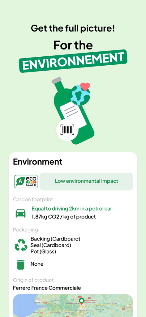 Open Food Facts app interface displaying product environmental impact and eco-score details