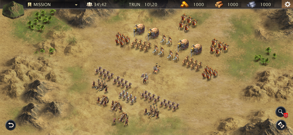 Grand War: Rome Strategy Games - Top down view of a tactical battlefield in Grand War Rome featuring war elephants and ancient infantry