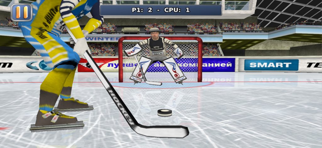 A close up 3D view of an ice hockey player facing the goalie in Athletics 2 Winter Sports Pro