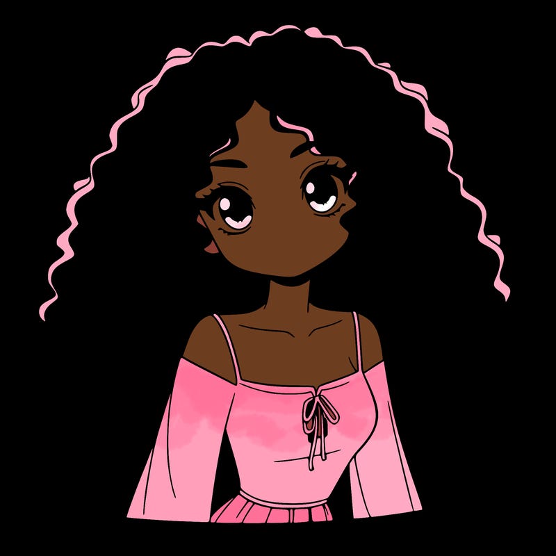 a black anime girl with long afro hair