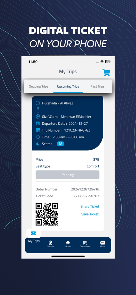 Blue-BusモバイルアプリのQRコード付きデジタルバスチケット