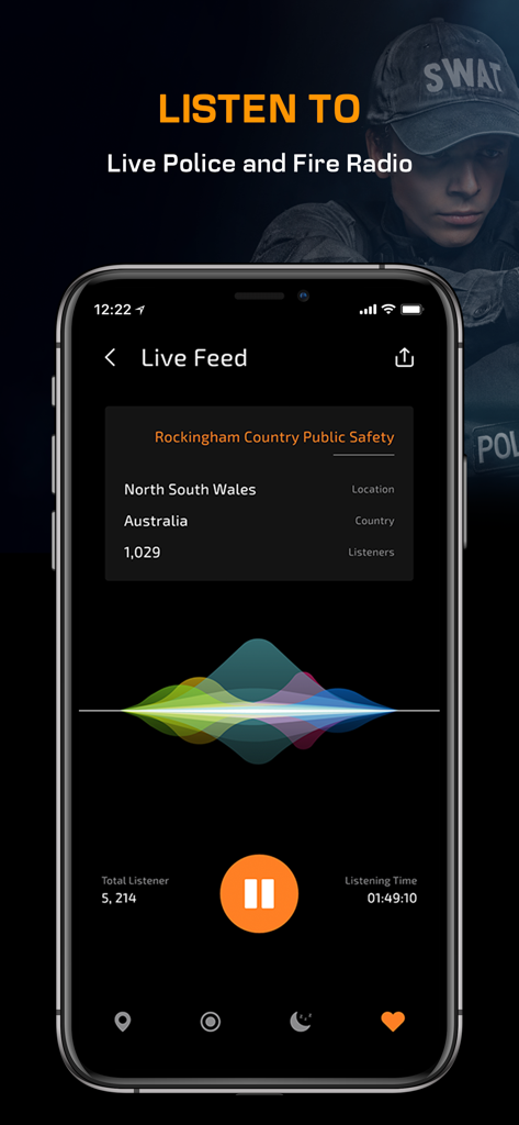 Police Scanner App, live radio - A smartphone screen displaying a live police and fire radio broadcast with a visual audio wave.