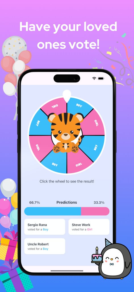 Gender Reveal Wheel - Mobile app screen showing a gender reveal spinning wheel with a tiger and voting predictions from friends and family