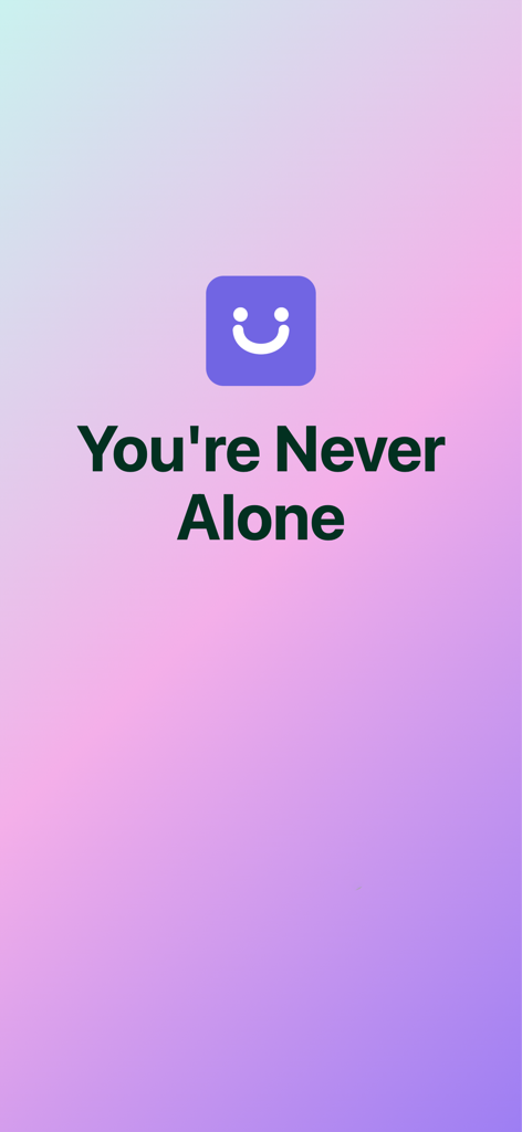 Companion - Anxiety Relief - Pantalla de bienvenida de la aplicación Companion con un icono de cara sonriente morada y el titular Nunca Estás Solo sobre un fondo degradado pastel.