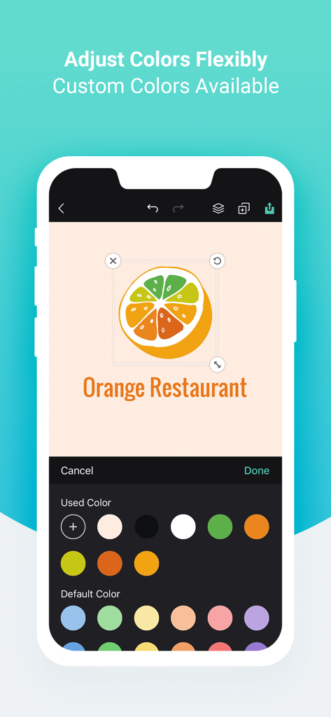 DesignEvo app interface showing color customization tools for a restaurant logo