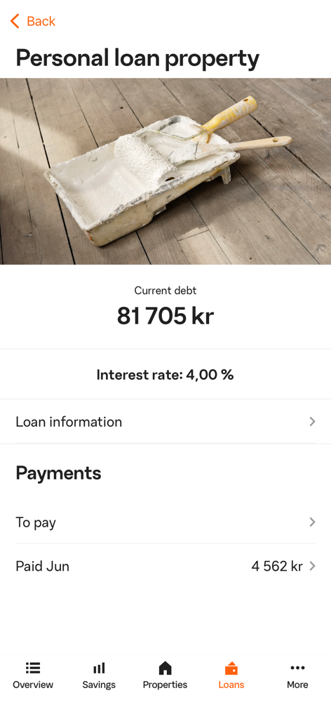 L'interfaccia dell'app SBAB che mostra il debito del prestito personale e il tasso di interesse