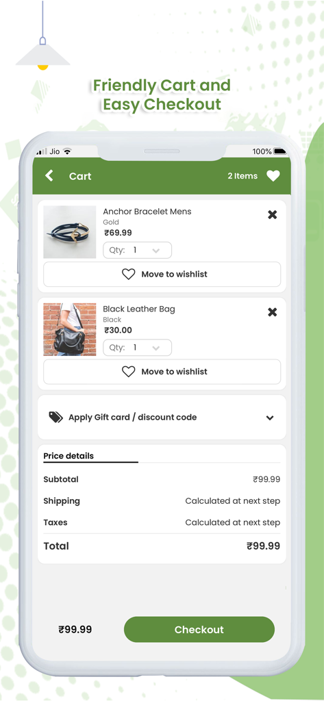 Shopifyストア用の、商品アイテムと簡単なチェックアウトボタンを表示するモバイルアプリショッピングカートインターフェース。