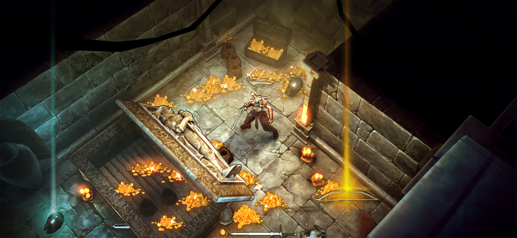 Shadowborn - Hero character standing in a secret dungeon room filled with gold treasure