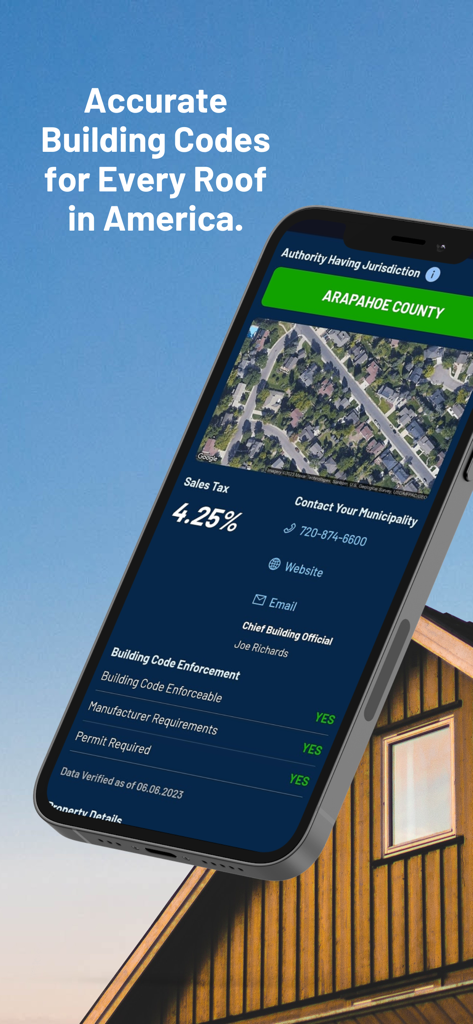 OneClick Code - Building Codes - OneClick Code app screenshot displaying building codes and jurisdiction data for Arapahoe County on a smartphone