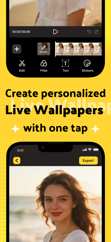 Uma captura de tela da interface do aplicativo Live Ease mostrando ferramentas de edição de vídeo e uma prévia de um papel de parede animado personalizado com uma mulher na praia