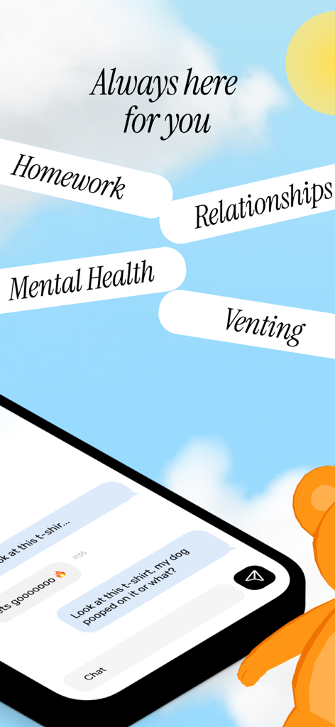 Ted: Plushy AI friend - Interface de l'application pour Ted Plushy AI friend montrant des catégories de discussion de soutien comme la santé mentale et une bulle de conversation amusante.