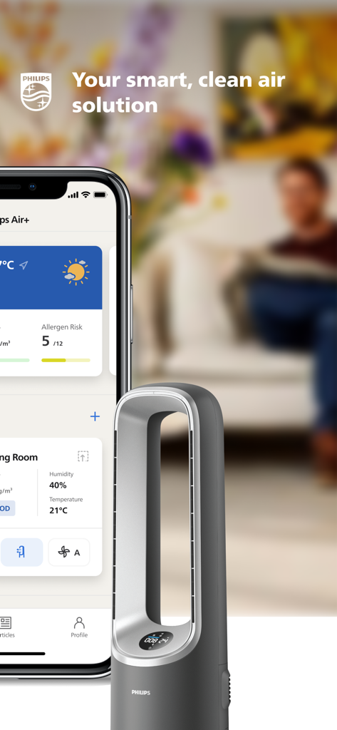 Smartphone, das die Philips Air plus App-Dashboard neben einem schlanken Luftreiniger anzeigt
