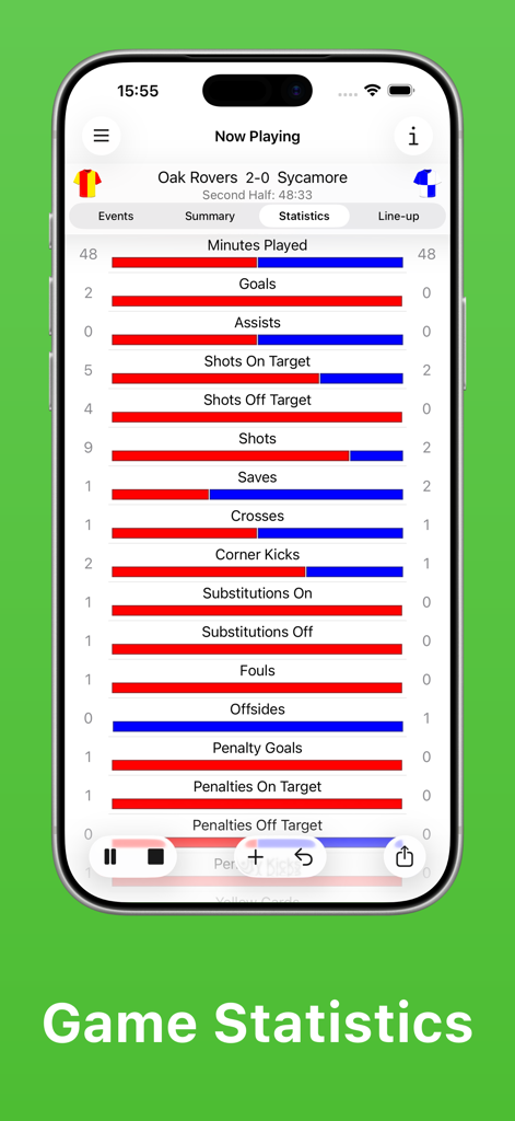 Soccer Teammate - Soccer Teammate app showing live game statistics with side-by-side team comparisons for shots, goals, and fouls.