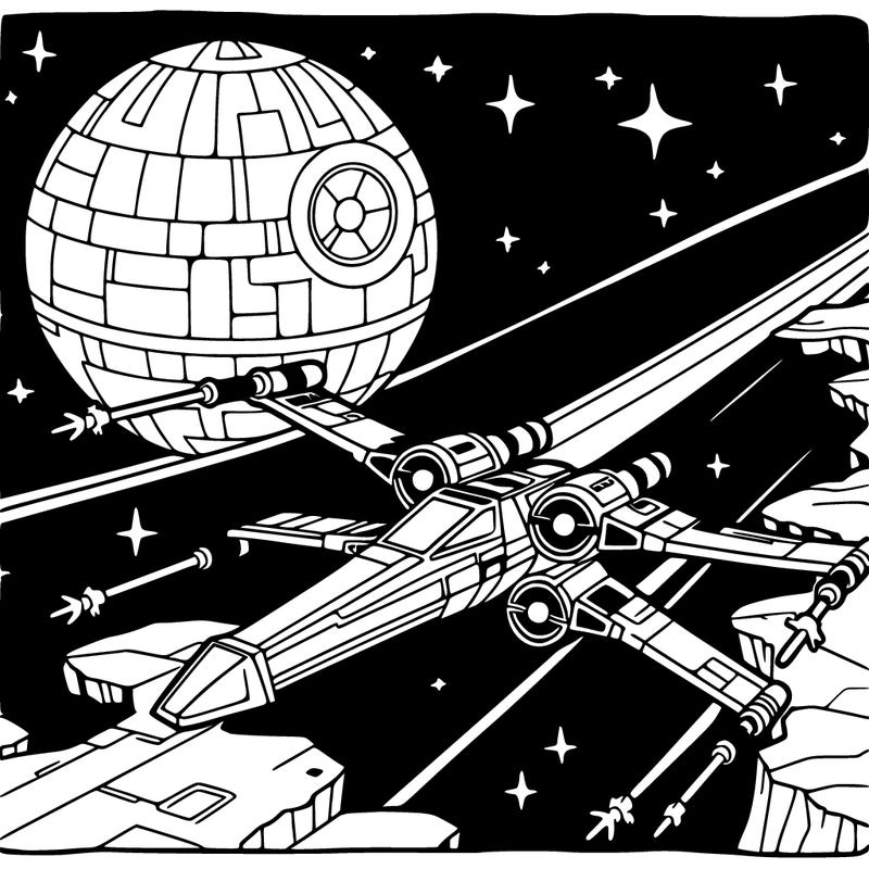 x-wing starfighter flying through a trench on the death star