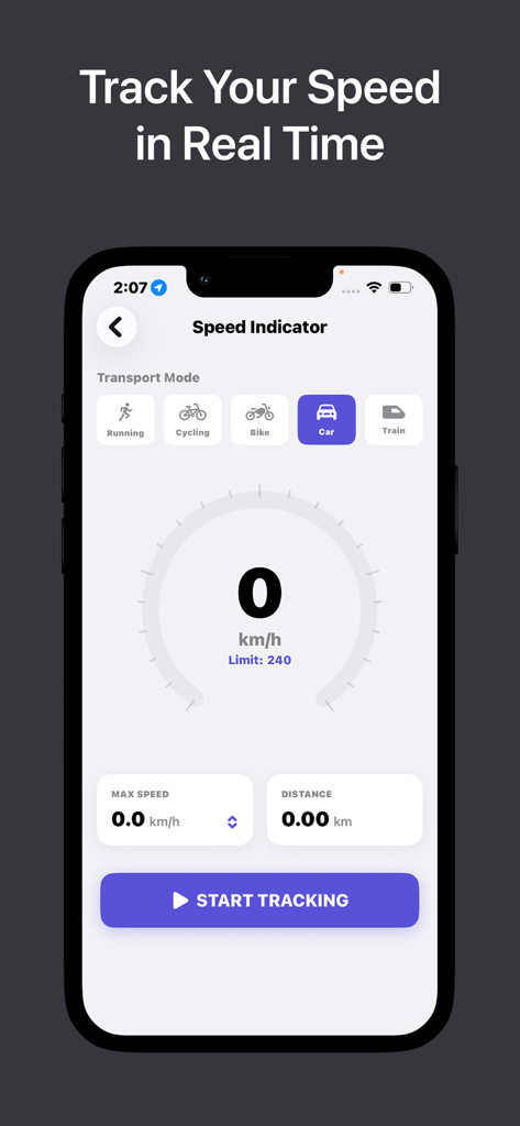 GPS Navigation & Live Earthmap - Real time GPS speed indicator interface showing speedometer and transport mode selection