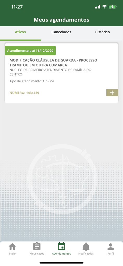 Screenshot dell'app mobile Defensoria RJ che mostra gli appuntamenti legali attivi e le opzioni di pianificazione