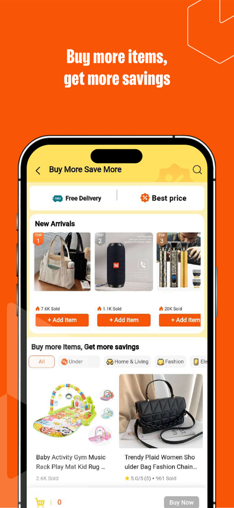 Interface of the Daraz app displaying the Buy More Save More shopping deals and discounted products across several categories.