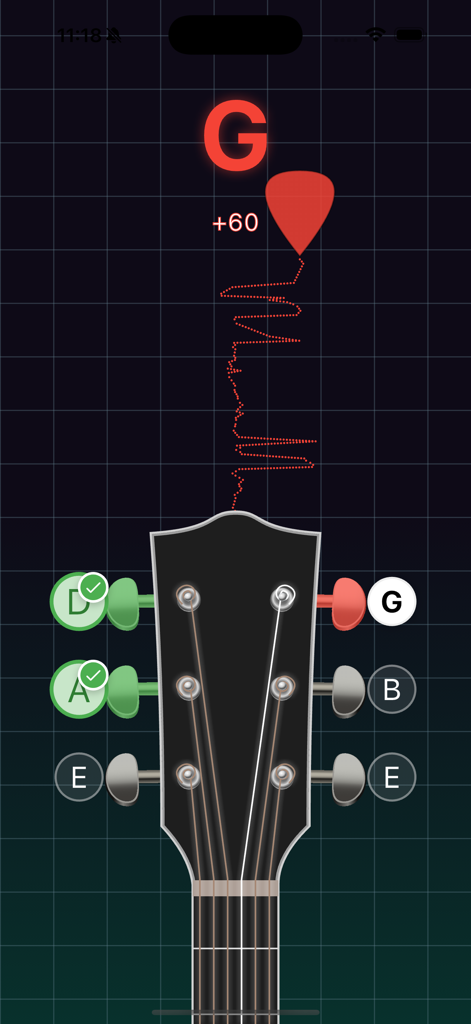Guitar Tuner - 6 strings - Guitar tuner app interface showing real-time pitch detection and string tuning status on a guitar headstock